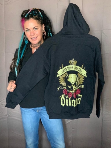 Dilana hoodie with logo on the front and beautiful rock skull graphics on the back