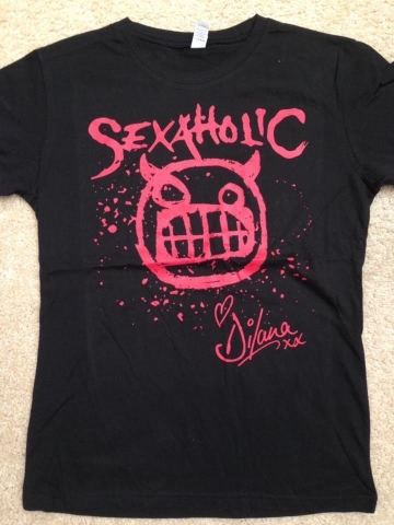 Dilana Sexaholic shirt, red print on black including signature